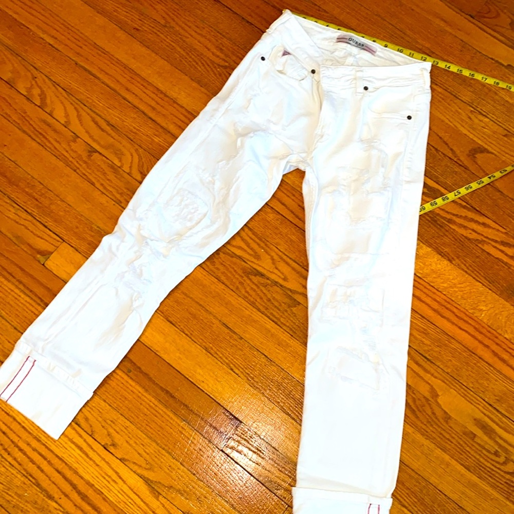 Guess Jeans 30 Off white distressed jeans with cuff and red stitching
